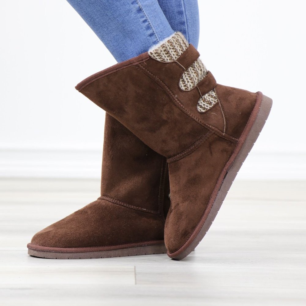 Brown Winter Warm Sherpa Lining Inside  No Heel Mid Calf Flat Boots - Picture 8 of 11